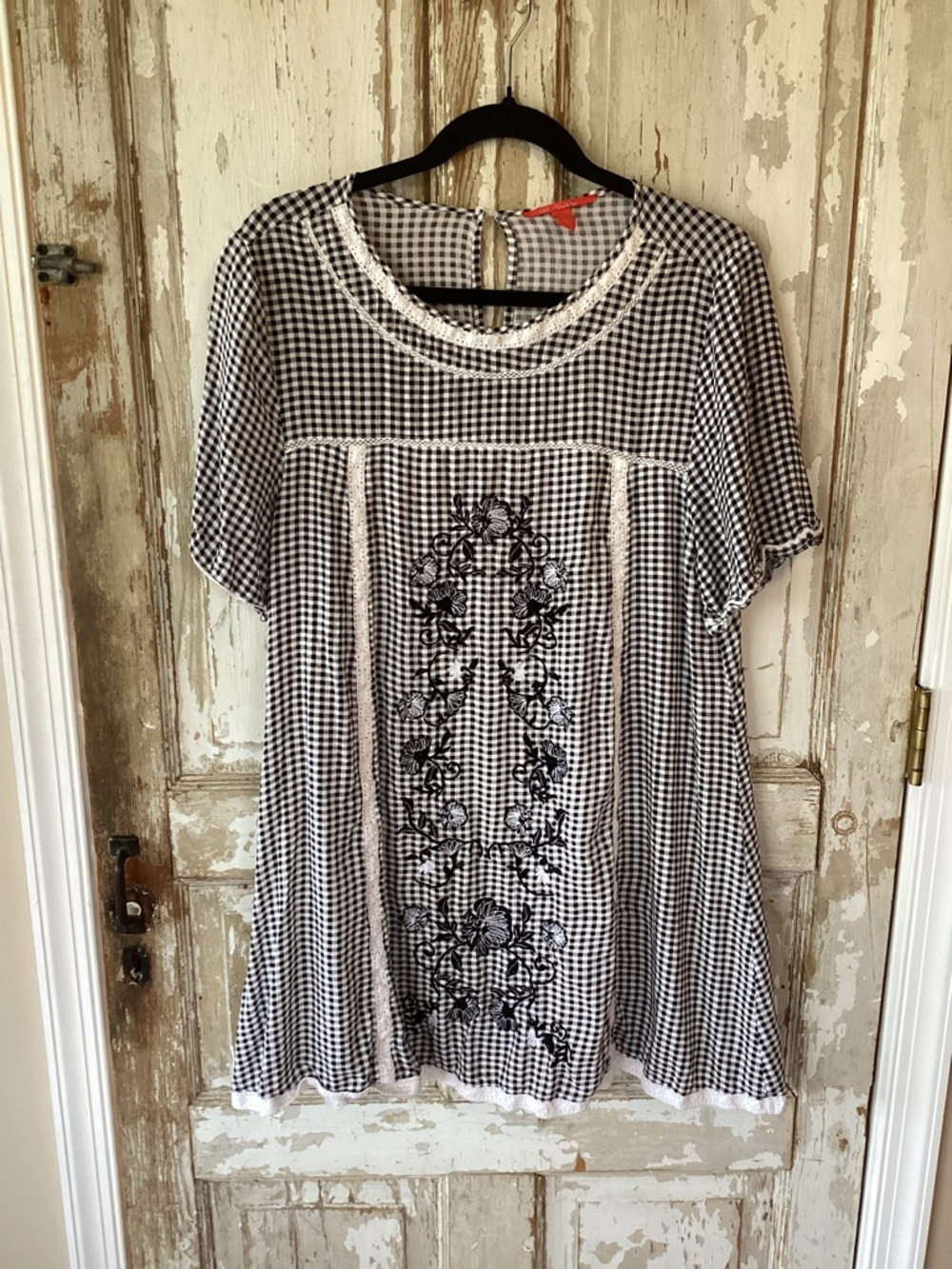 Chelsea and Violet Gingham Dress w/ Embroidery and Lace - XL - Black and White